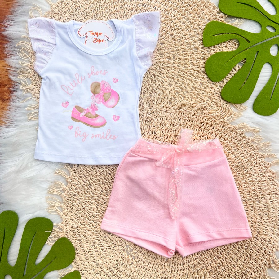 Conj. Blusa Little Shoes e Short com Cinto em Tule - Branco e Rosa